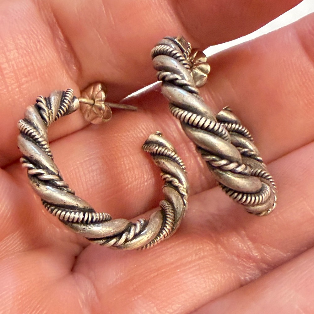 Vintage Suarti BA Sterling Silver Earrings Twisted Rope Hoop 925 Oxidized MCM